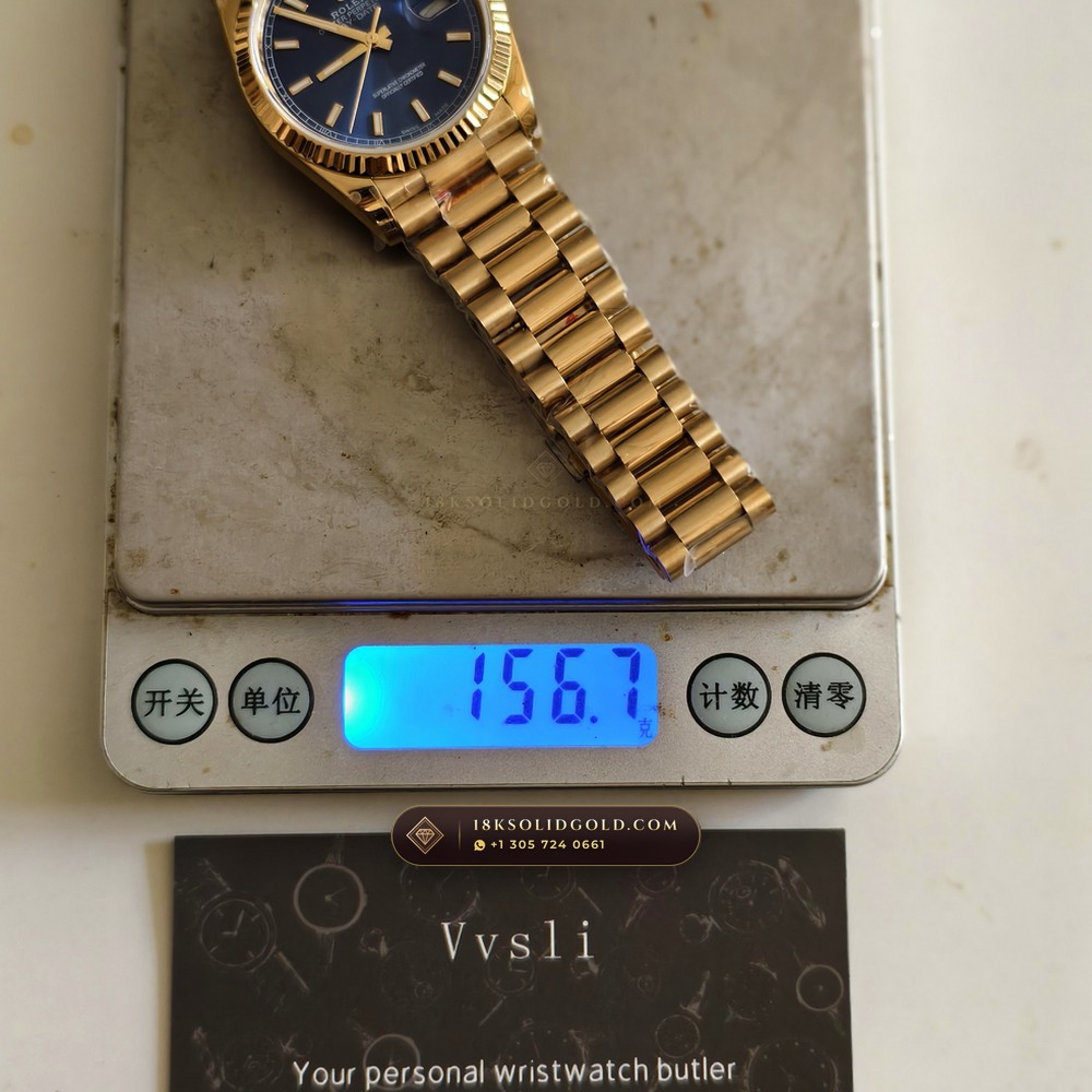 Rolex Day-Date 36 Graduated Royal Blue Sunburst Dial 18K Yellow Gold Reference 118238 — Hallmarked Edition — Studio Gallery Plate IX in 18K Yellow Gold Au750 (141.3g Verified Mass, Rolex Manufacture Cal. 3155)