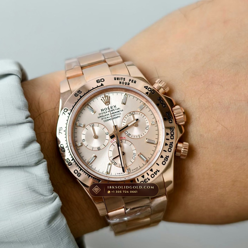 Rolex Cosmograph Daytona 18K Everose Gold Hand-Finished Buff Dial Deep Crystal Optics Reference 116505 — Hallmarked Edition — Studio Gallery Plate VIII in 18K Rose Gold Au750 (216.1g Verified Mass, Rolex Manufacture Cal. 4130 - 72h Power Reserve)