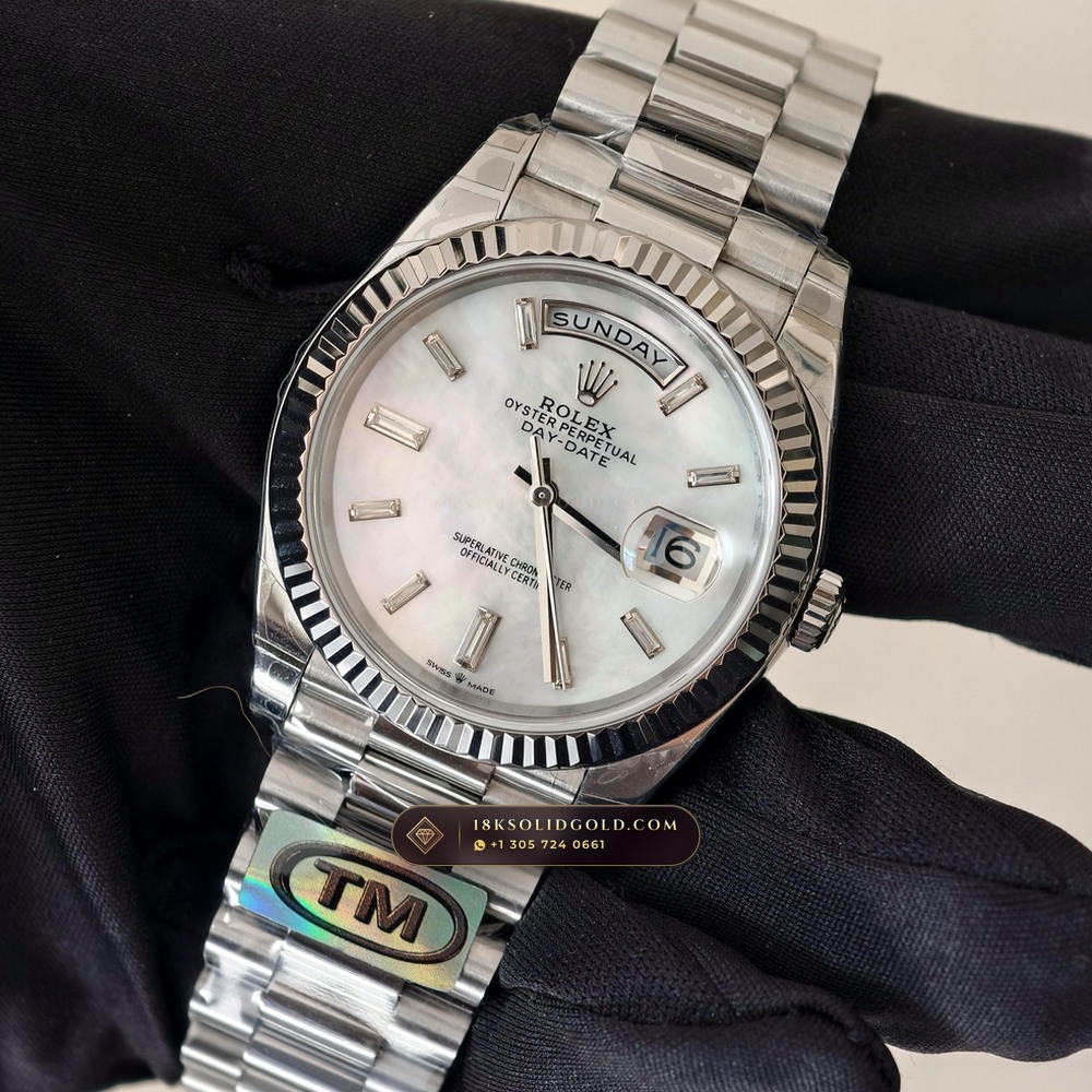Rolex Day-Date 40 Iridescent Natural Mother-of-Pearl Dial 18K White Gold Reference 228239 — Hallmarked Edition angle 2