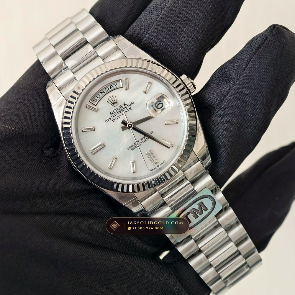 Rolex Day-Date 40 Iridescent Natural Mother-of-Pearl Dial 18K White Gold Reference 228239 — Hallmarked Edition angle 3