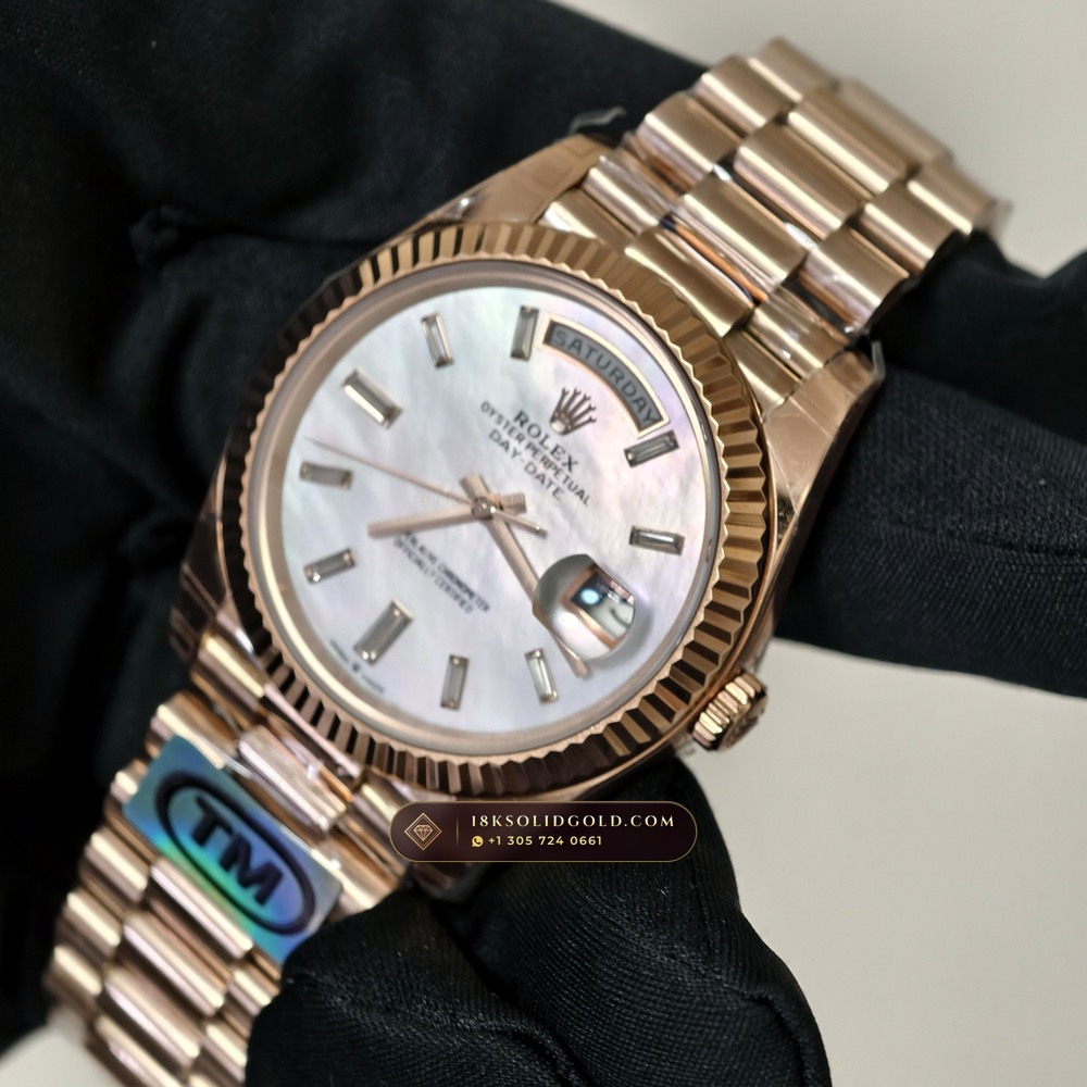 Rolex Day-Date 40 Iridescent Natural Mother-of-Pearl Dial 18K Everose Gold Geneva Atelier Spec Reference 228235 — Hallmarked Edition angle 2