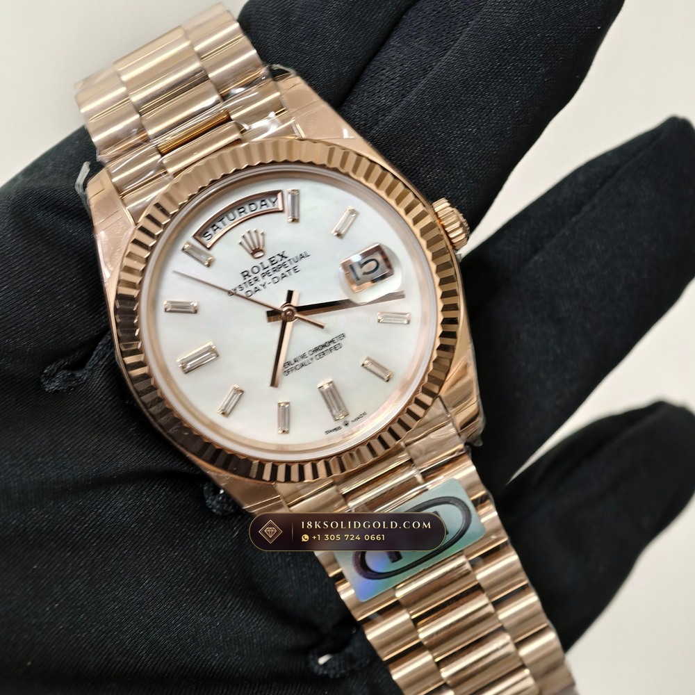 Rolex Day-Date 40 Iridescent Natural Mother-of-Pearl Dial 18K Everose Gold Geneva Atelier Spec Reference 228235 — Hallmarked Edition angle 3