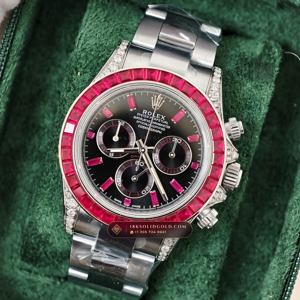 Rolex Cosmograph Daytona Baguette Ruby Bezel 18K White Gold Reference 126599TRU — Hallmarked Edition angle 2