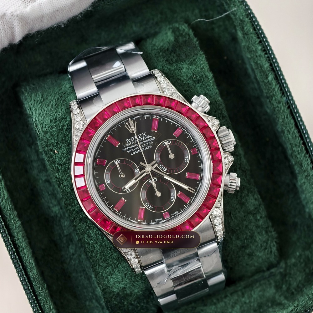Rolex Cosmograph Daytona Baguette Ruby Bezel 18K White Gold Reference 126599TRU — Hallmarked Edition angle 3