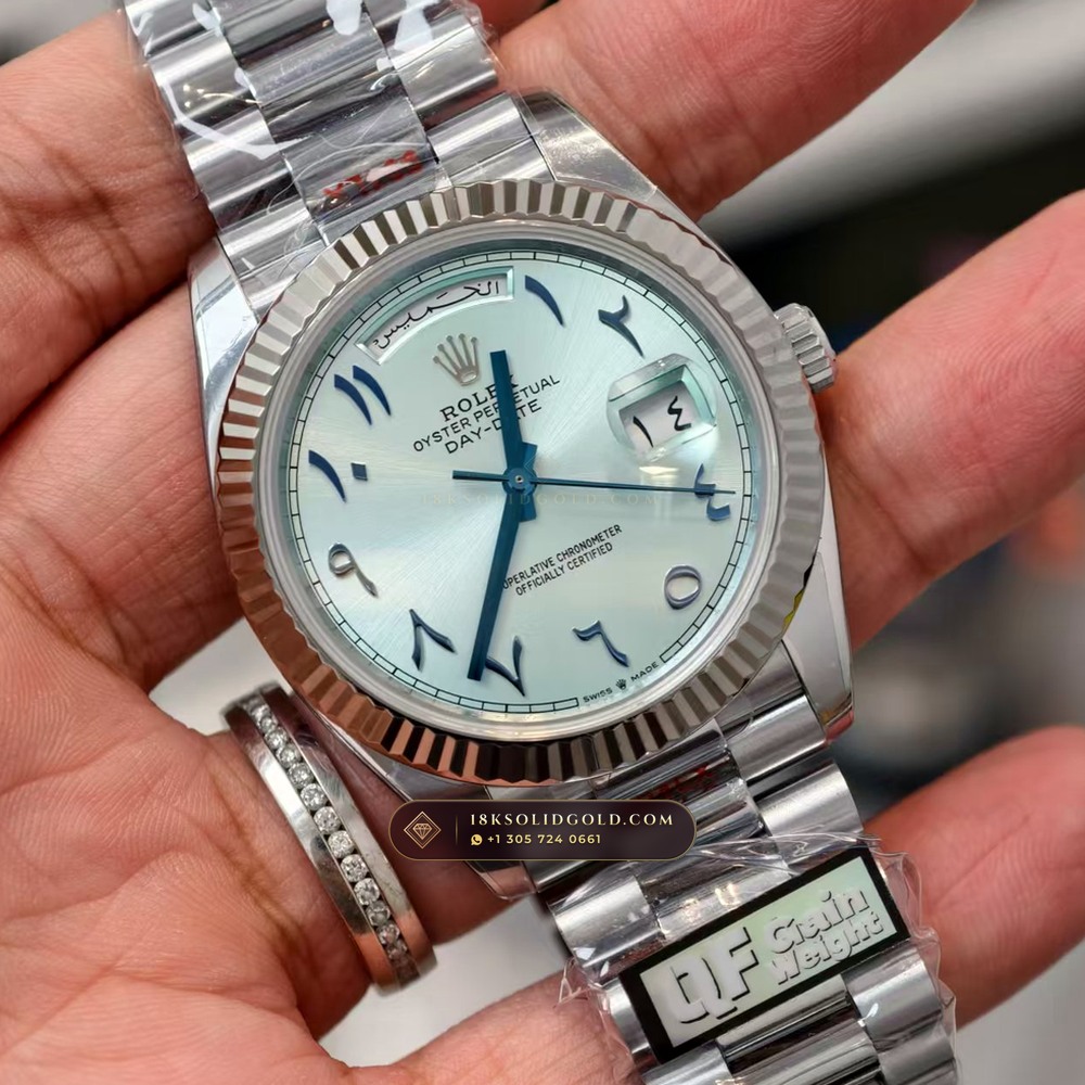 Rolex Day-Date 40 Ice-Blue Eastern Arabic Dial 950 Platinum Reference 228206 — Hallmarked Edition angle 2