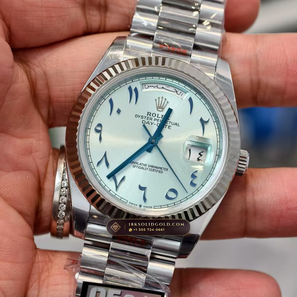 Rolex Day-Date 40 Ice-Blue Eastern Arabic Dial 950 Platinum Reference 228206 — Hallmarked Edition angle 3