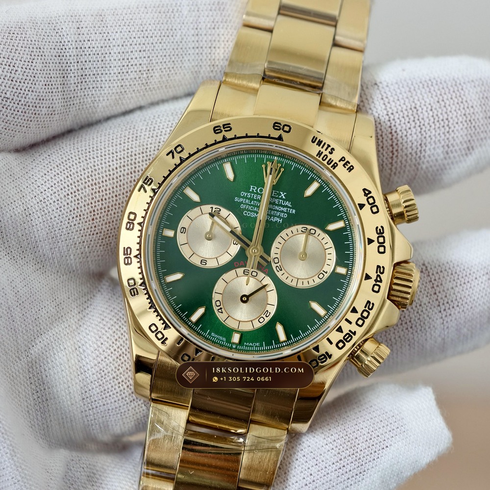 Rolex Cosmograph Daytona John Mayer Emerald Dial 18K Yellow Gold Reference 126508 — Hallmarked Edition angle 3