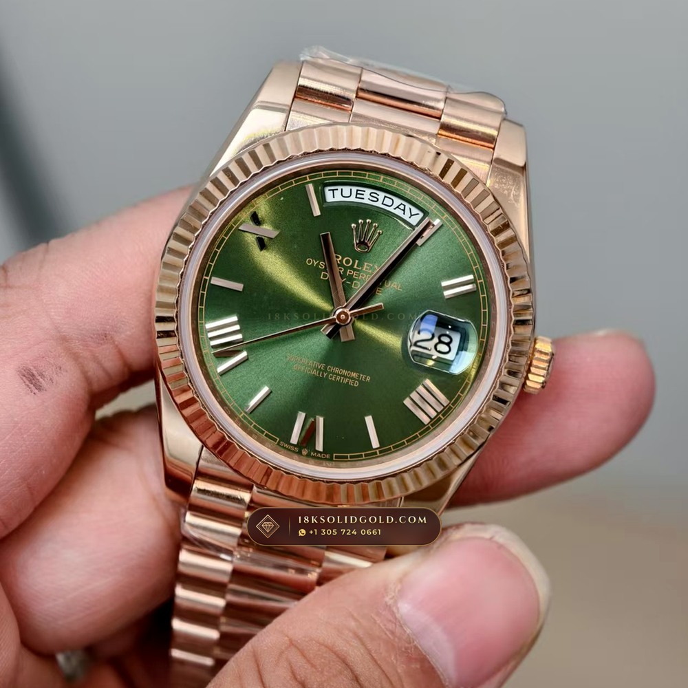 Rolex Day-Date 40 Olive Green Sunray Dial 18K Everose Gold Reference 228235 — Hallmarked Edition angle 2