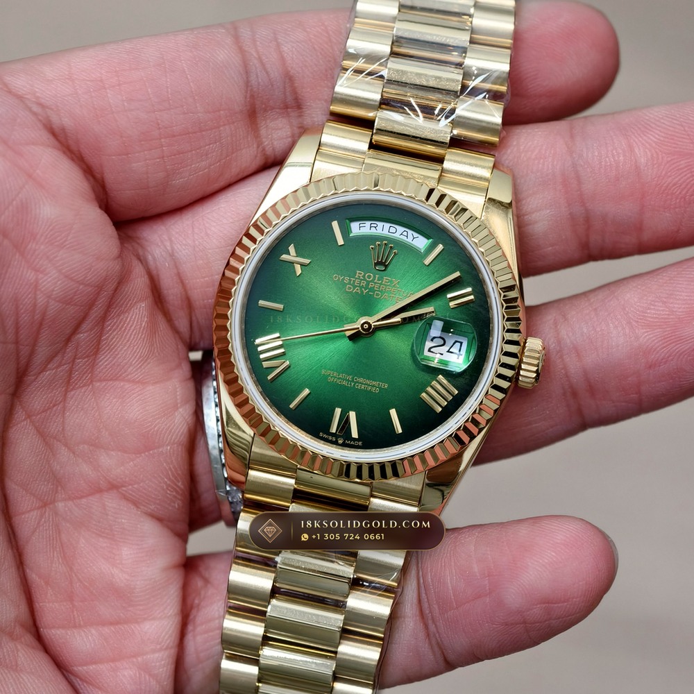Rolex Day-Date 36 Graduated Green Ombre Sunray Dial 18K Yellow Gold Reference 128238 — Hallmarked Edition angle 2