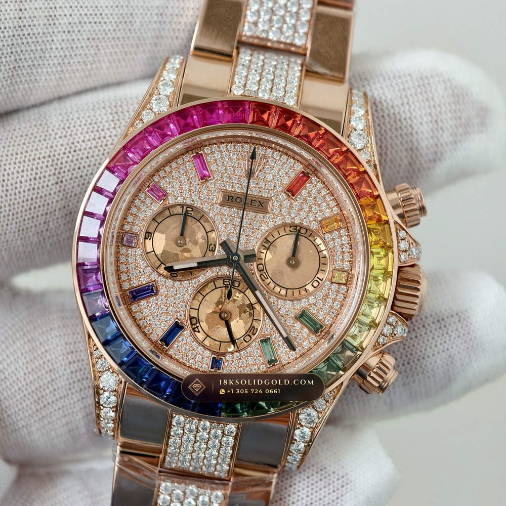 Rolex Cosmograph Daytona Rainbow Sapphire Bezel 18K Everose Gold Custom SW Dial Deep Crystal Optics Reference 116595RBOW — Hallmarked Edition angle 2