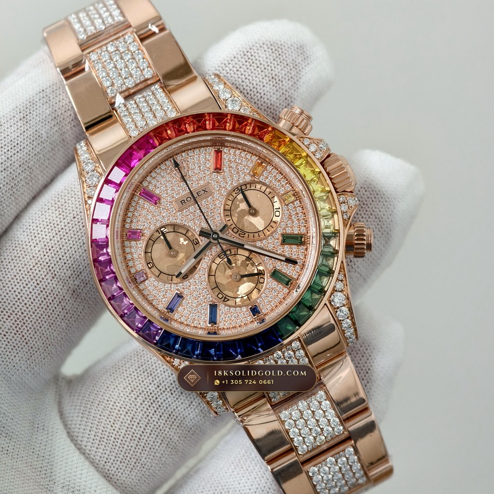 Rolex Cosmograph Daytona Rainbow Sapphire Bezel 18K Everose Gold Custom SW Dial Deep Crystal Optics Reference 116595RBOW — Hallmarked Edition angle 3