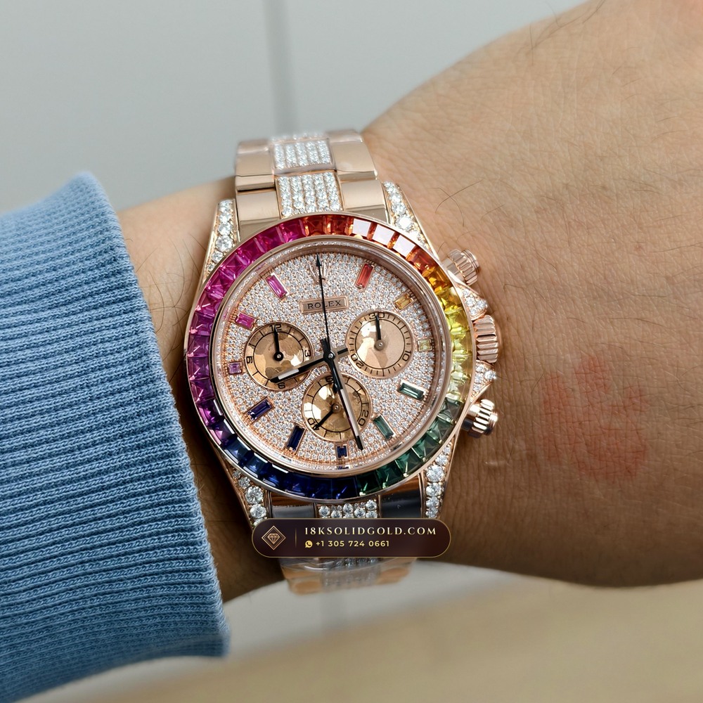 Rolex Cosmograph Daytona Rainbow Sapphire Bezel 18K Everose Gold Custom SW Dial Deep Crystal Optics Reference 116595RBOW — Hallmarked Edition — Studio Gallery Plate VIII in 18K Rose Gold Au750 (216.6g Verified Mass, Rolex Manufacture Cal. 4130 - 72h Power Reserve)