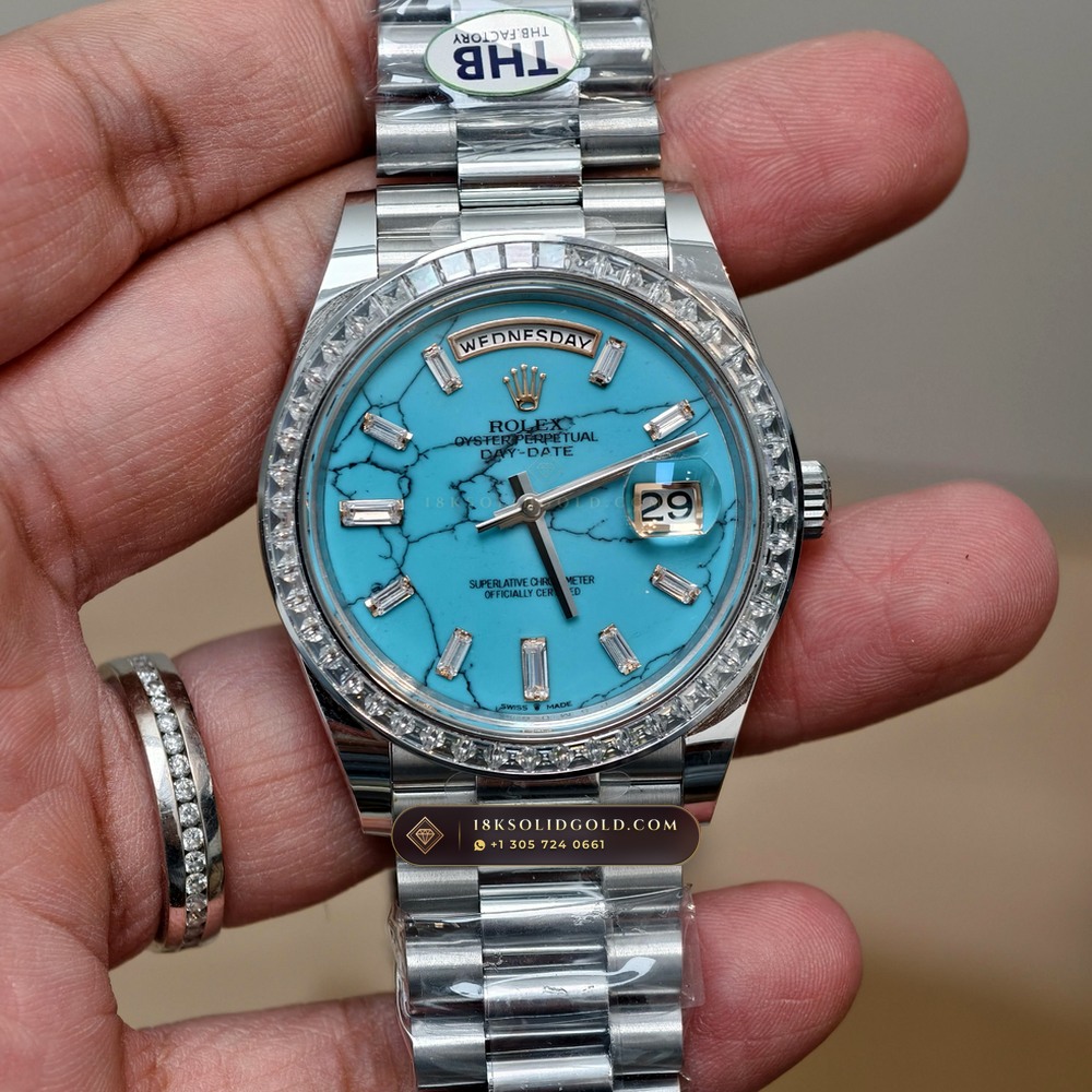 Rolex Day-Date 40 Natural Turquoise Dial Diamond-Set Bezel 18K Everose Gold Reference 228235 — Hallmarked Edition