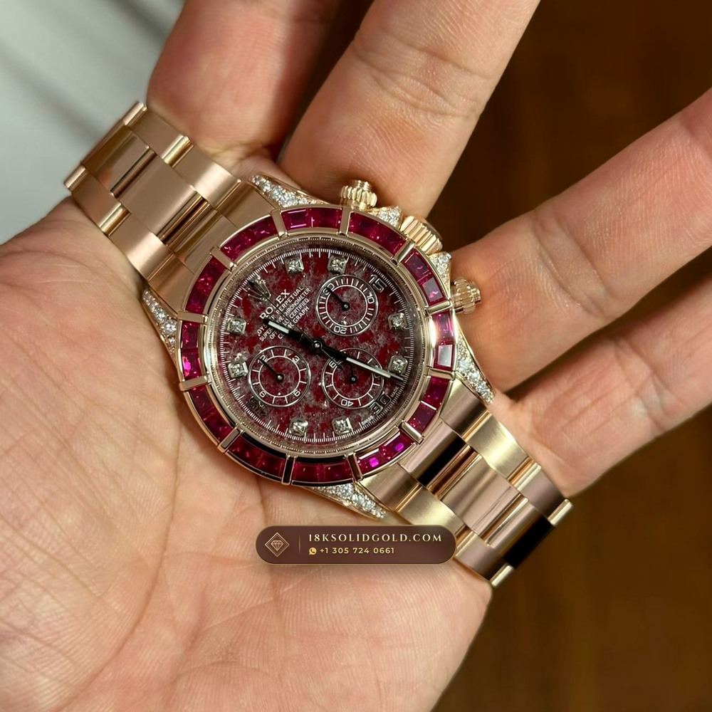 Rolex Cosmograph Daytona Crimson Rubellite Dial & Ruby Bezel 18K Everose Gold Reference 126505 — Hallmarked Edition angle 3