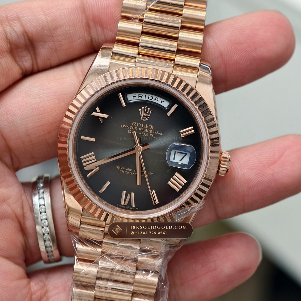 Rolex Day-Date 40 18K Everose Gold Hand-Chamfered Bevel Spec Reference 228235 — Hallmarked Edition angle 3