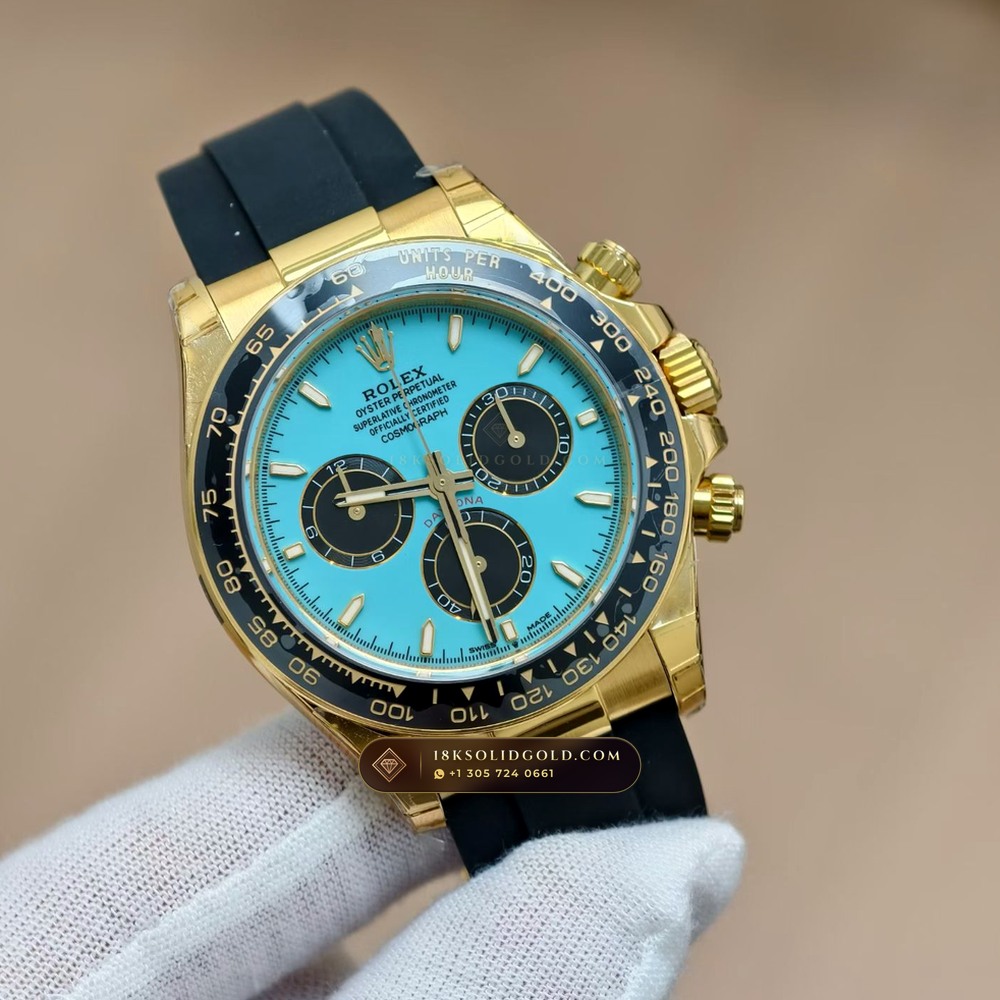 Rolex Cosmograph Daytona Tiffany Blue Dial 18K Yellow Gold Geneva Atelier Spec Reference 126518LN — Hallmarked Edition angle 2