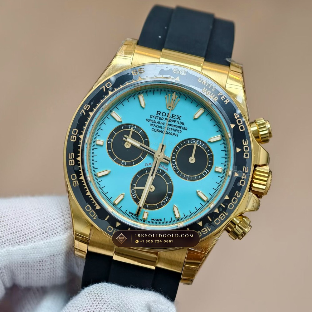 Rolex Cosmograph Daytona Tiffany Blue Dial 18K Yellow Gold Geneva Atelier Spec Reference 126518LN — Hallmarked Edition angle 3