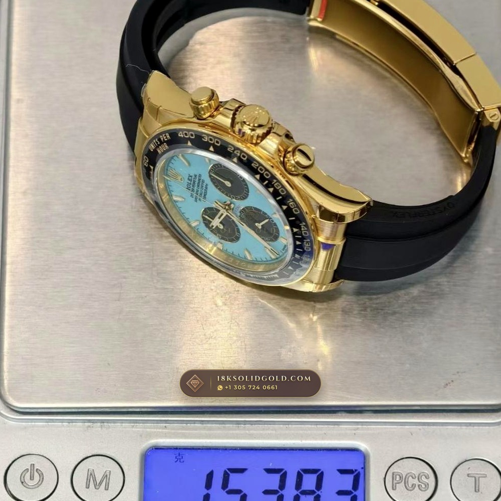Rolex Cosmograph Daytona Tiffany Blue Dial 18K Yellow Gold Geneva Atelier Spec Reference 126518LN — Hallmarked Edition — Studio Gallery Plate IX in 18K Yellow Gold Au750 (160.2g Verified Mass, Rolex Manufacture Cal. 4131 - 72h Power Reserve)