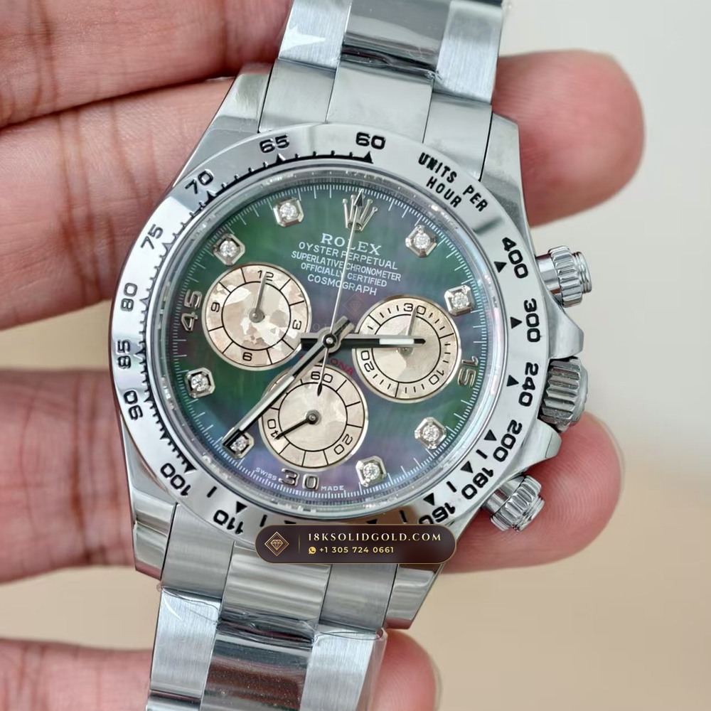 Rolex Cosmograph Daytona Iridescent Natural Mother-of-Pearl Dial 18K White Gold Reference 126509 — Hallmarked Edition angle 3