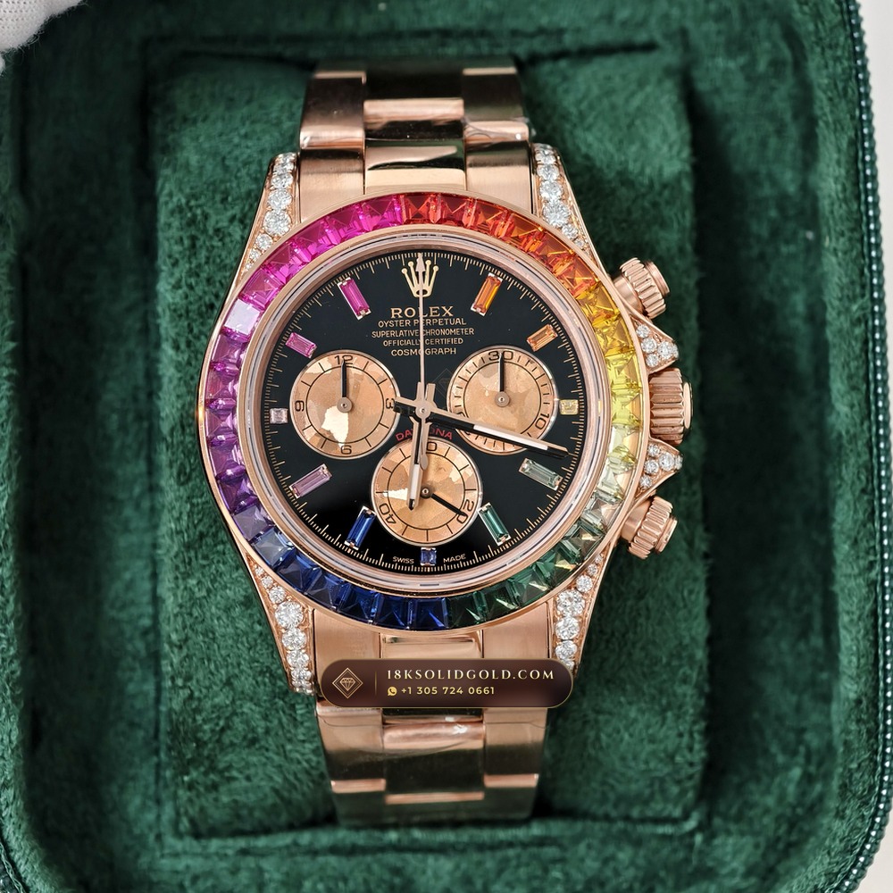 Rolex Cosmograph Daytona Rainbow Sapphire Bezel 18K Everose Gold Geneva Atelier Spec Reference 116595RBOW — Hallmarked Edition