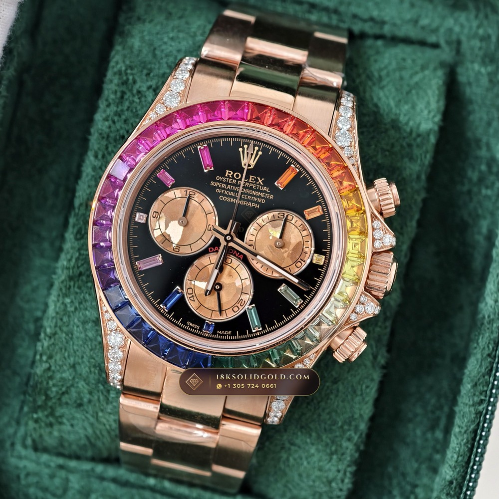 Rolex Cosmograph Daytona Rainbow Sapphire Bezel 18K Everose Gold Geneva Atelier Spec Reference 116595RBOW — Hallmarked Edition angle 2