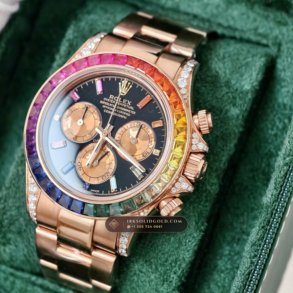Rolex Cosmograph Daytona Rainbow Sapphire Bezel 18K Everose Gold Geneva Atelier Spec Reference 116595RBOW — Hallmarked Edition angle 3