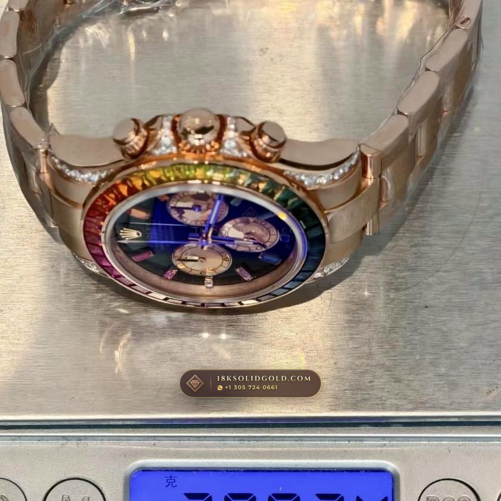 Rolex Cosmograph Daytona Rainbow Sapphire Bezel 18K Everose Gold Geneva Atelier Spec Reference 116595RBOW — Hallmarked Edition — Studio Gallery Plate VIII in 18K Rose Gold Au750 (216.6g Verified Mass, Rolex Manufacture Cal. 4130 - 72h Power Reserve)