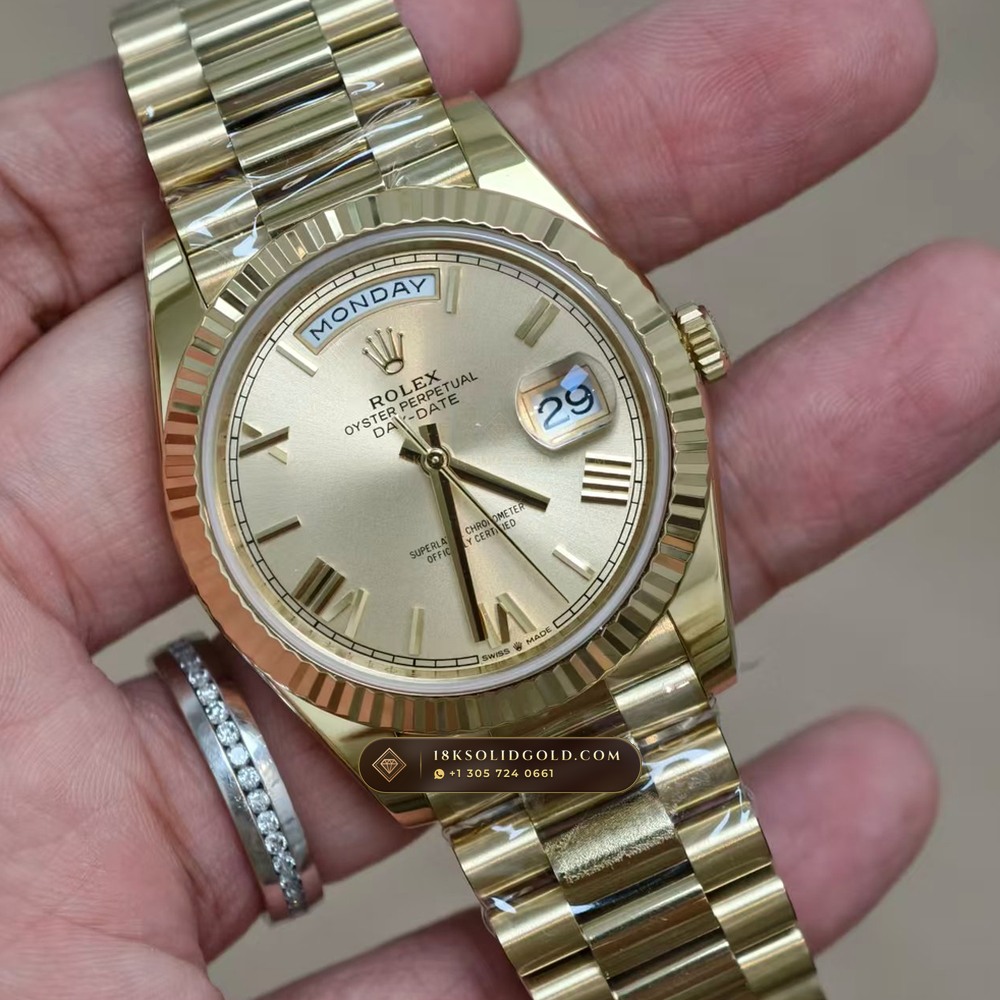 Rolex Day-Date 40 Champagne Gold Roman Dial 18K Yellow Gold Reference 228238 — Hallmarked Edition angle 2