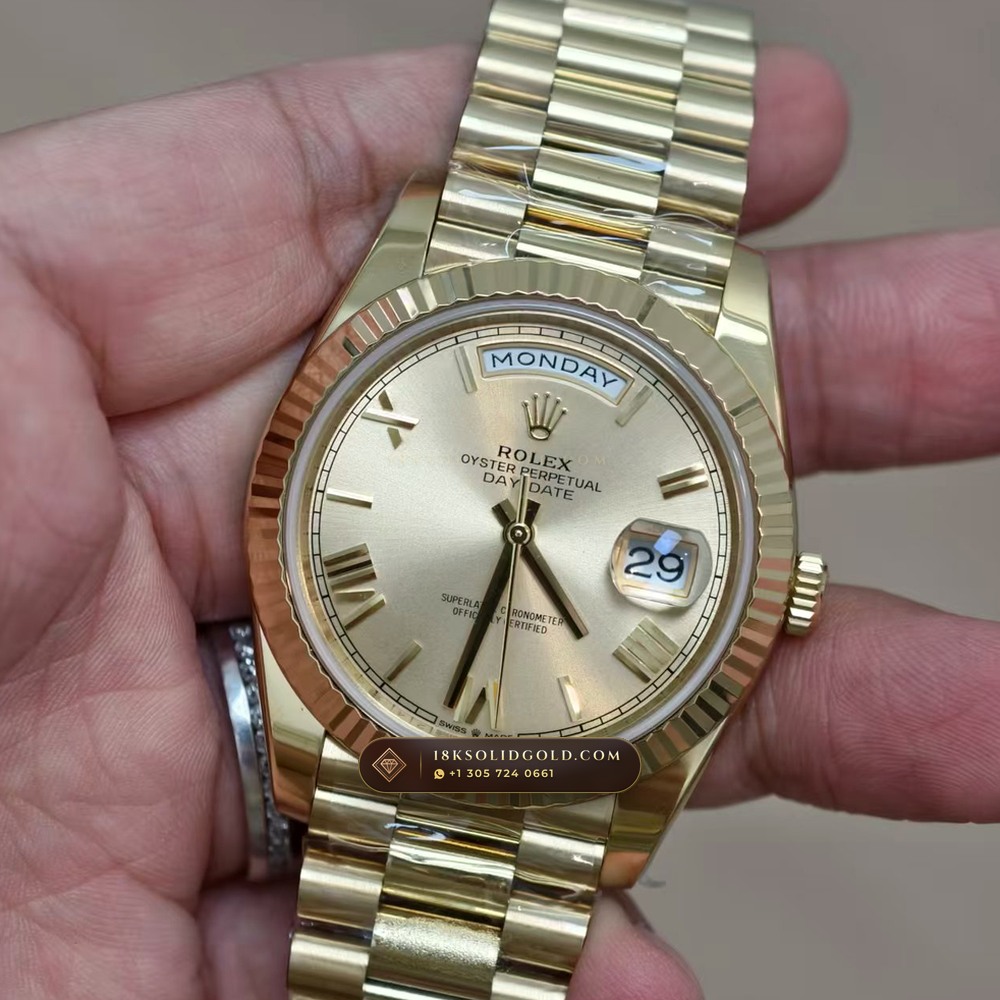Rolex Day-Date 40 Champagne Gold Roman Dial 18K Yellow Gold Reference 228238 — Hallmarked Edition angle 3