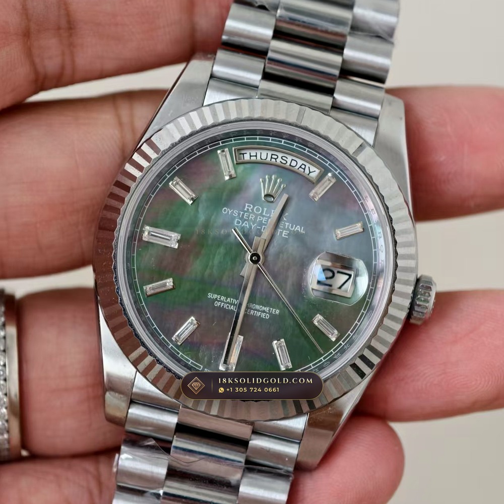 Rolex Day-Date 40 Tahitian Mother-of-Pearl Dial 18K White Gold Reference 228239 — Hallmarked Edition angle 2
