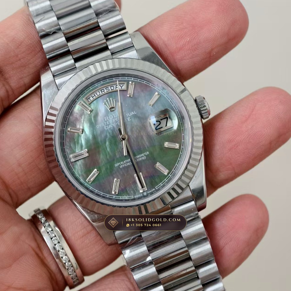 Rolex Day-Date 40 Tahitian Mother-of-Pearl Dial 18K White Gold Reference 228239 — Hallmarked Edition angle 3