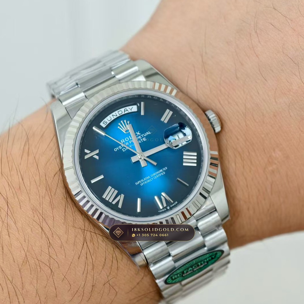 Rolex Day-Date 40 Graduated Blue Ombre Dial 18K White Gold Reference 228239 — Hallmarked Edition — Studio Gallery Plate VIII in 18K White Gold Au750 (210.6g Verified Mass, Rolex Manufacture Cal. 3255 - 70h Power Reserve)