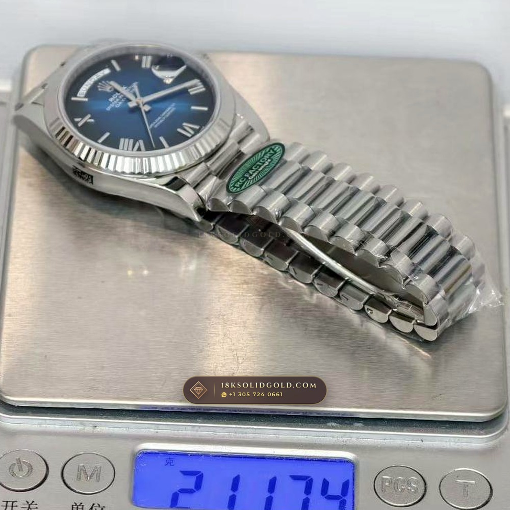 Rolex Day-Date 40 Graduated Blue Ombre Dial 18K White Gold Reference 228239 — Hallmarked Edition — Studio Gallery Plate IX in 18K White Gold Au750 (210.6g Verified Mass, Rolex Manufacture Cal. 3255 - 70h Power Reserve)