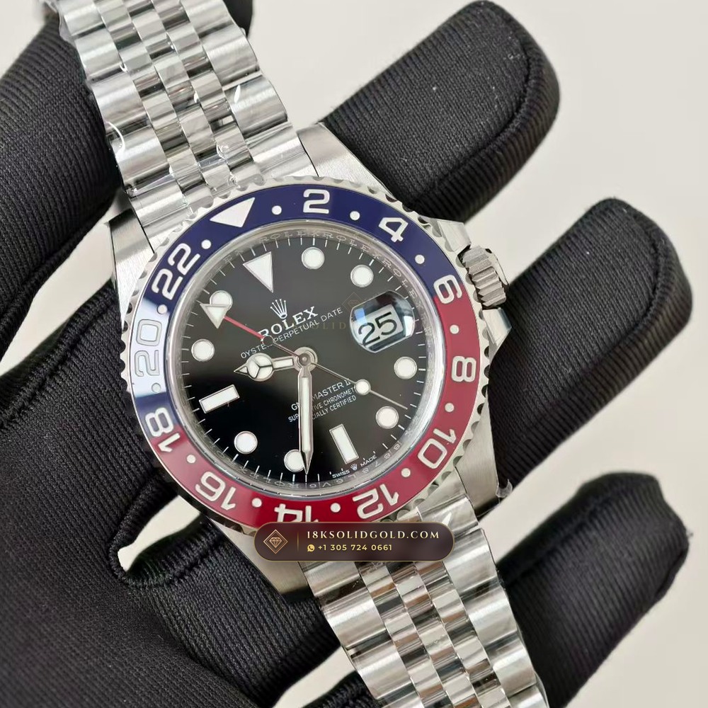 Rolex GMT-Master II Pepsi Red & Blue Cerachrom Deep Crystal Optics Reference 126710BLRO — Salon Edition angle 2