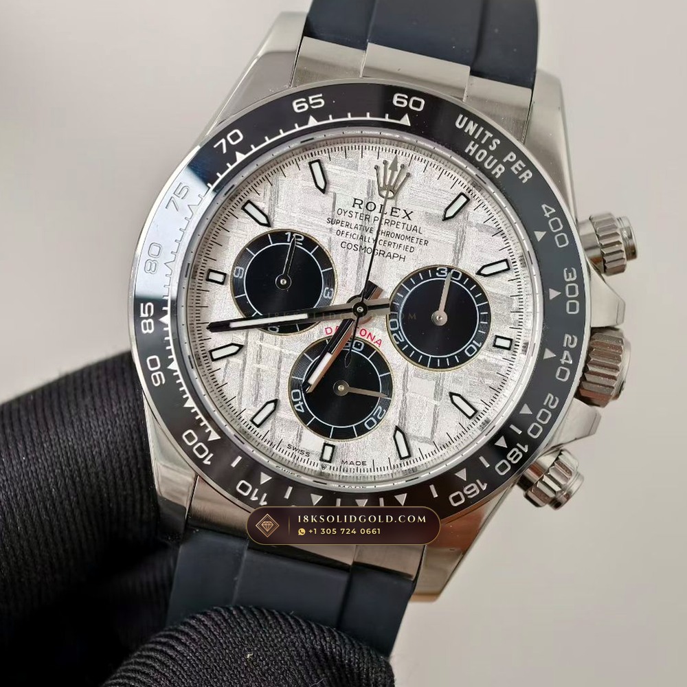 Rolex Cosmograph Daytona Gibeon Meteorite Dial 18K White Gold Hand-Finished Buff Dial Deep Crystal Optics Reference 126519 — Hallmarked Edition angle 3
