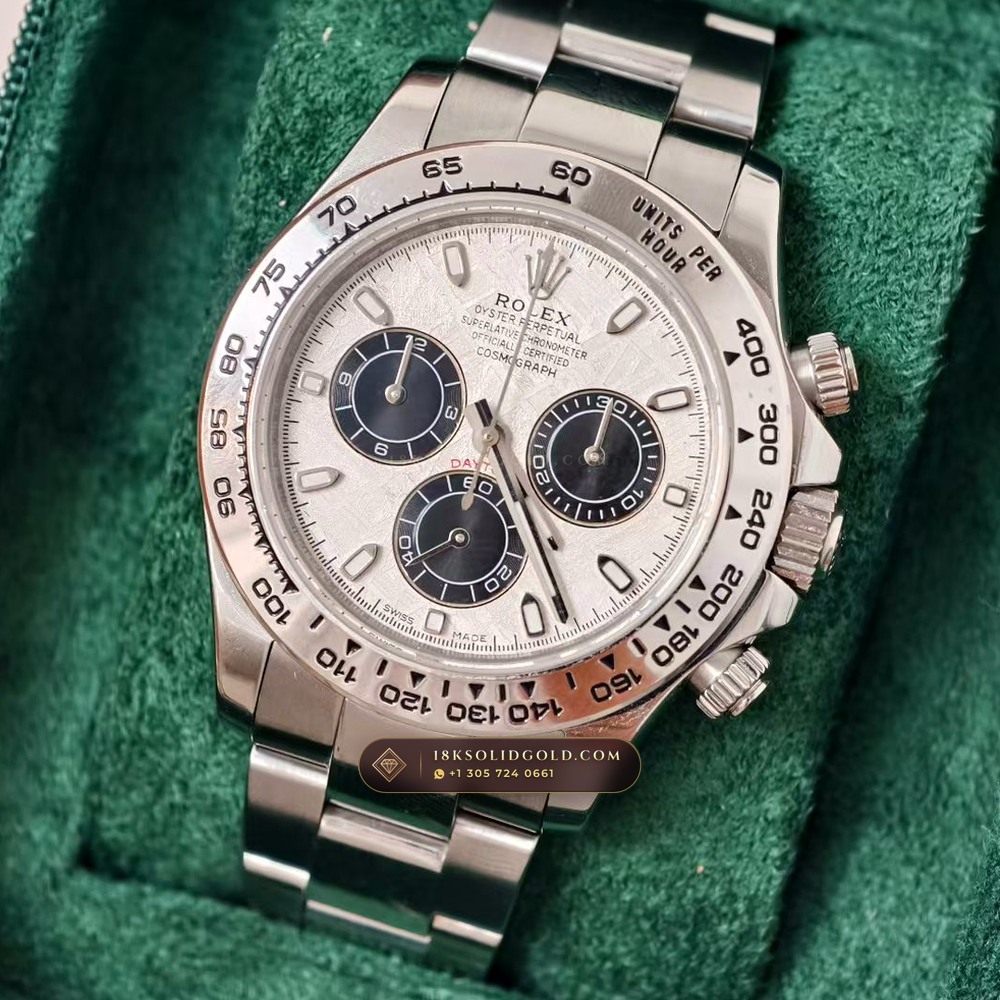 Rolex Cosmograph Daytona Gibeon Meteorite Dial 18K White Gold Hand-Finished Buff Dial 5-Axis CNC Case Reference 116509 — Hallmarked Edition angle 2