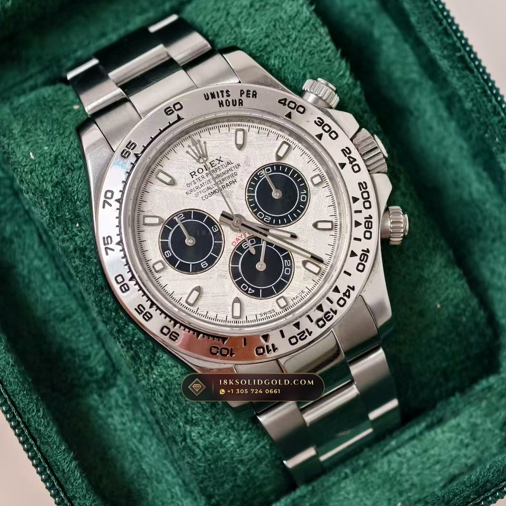 Rolex Cosmograph Daytona Gibeon Meteorite Dial 18K White Gold Hand-Finished Buff Dial 5-Axis CNC Case Reference 116509 — Hallmarked Edition angle 3