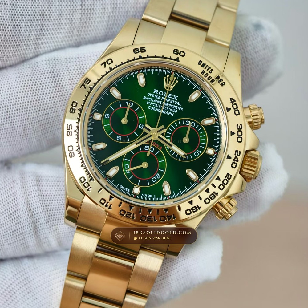 Rolex Cosmograph Daytona John Mayer Emerald Dial 18K Yellow Gold Reference 116508 — Hallmarked Edition angle 3