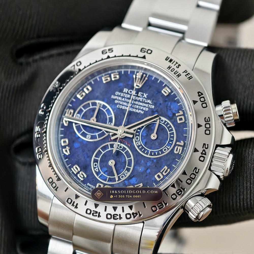 Rolex Cosmograph Daytona Blue Sodalite Stone Dial 18K White Gold Reference 116519 — Hallmarked Edition angle 3