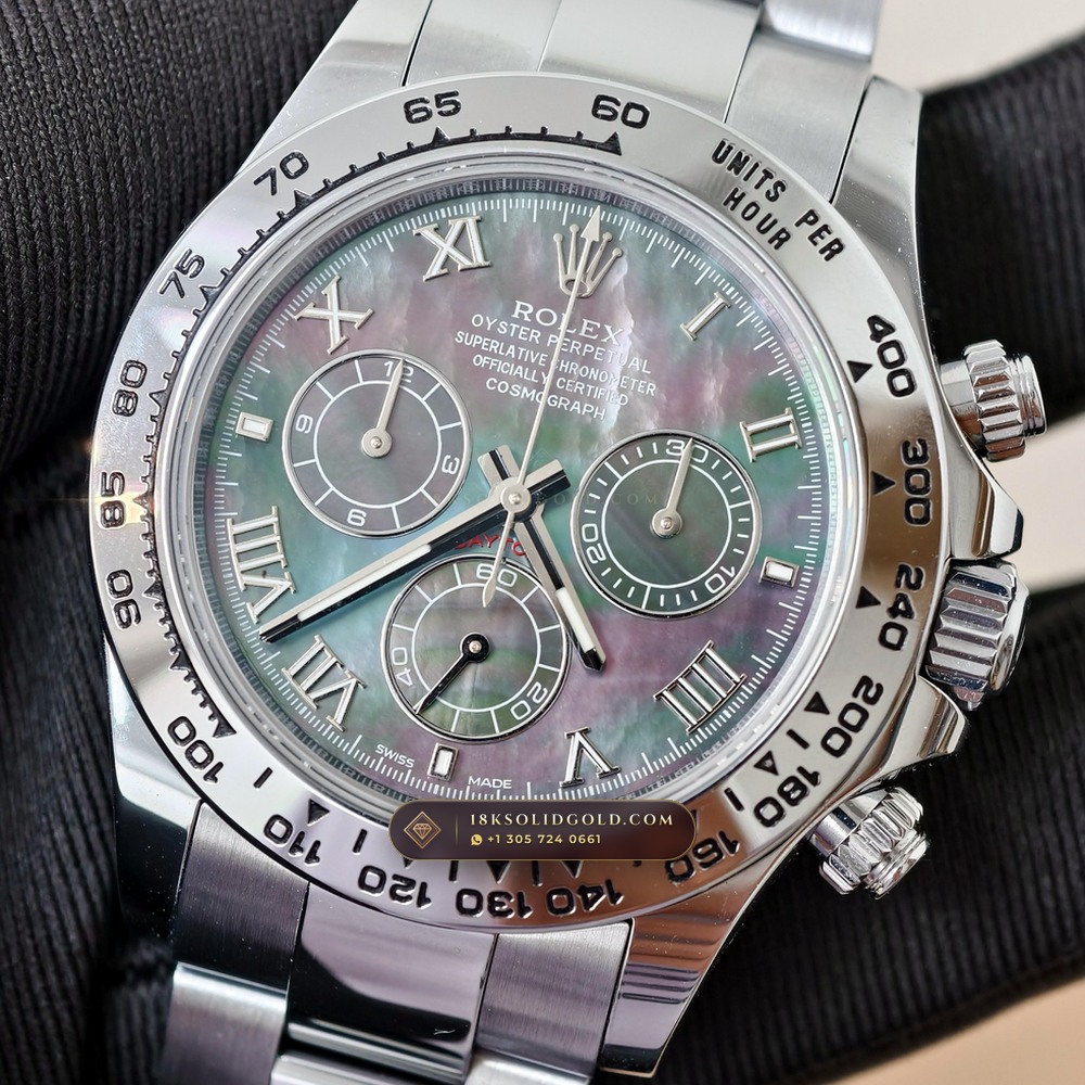 Rolex Cosmograph Daytona Tahitian Mother-of-Pearl Dial 18K White Gold Reference 126509 — Hallmarked Edition angle 2