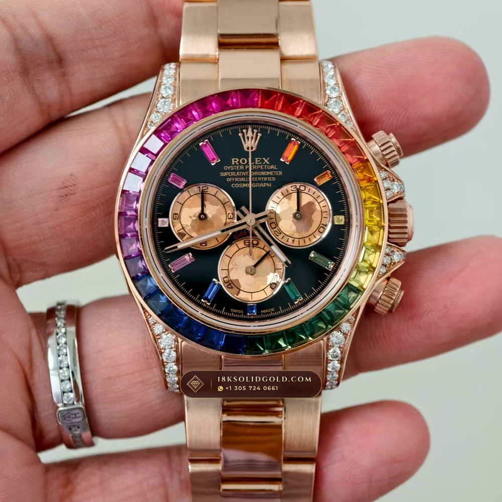 Rolex Cosmograph Daytona Rainbow Sapphire Bezel 18K Everose Gold Custom SW Dial Reference 116595RBOW — Hallmarked Edition
