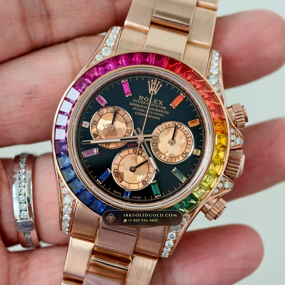Rolex Cosmograph Daytona Rainbow Sapphire Bezel 18K Everose Gold Custom SW Dial Reference 116595RBOW — Hallmarked Edition angle 2