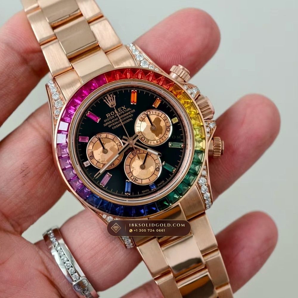 Rolex Cosmograph Daytona Rainbow Sapphire Bezel 18K Everose Gold Custom SW Dial Reference 116595RBOW — Hallmarked Edition angle 3