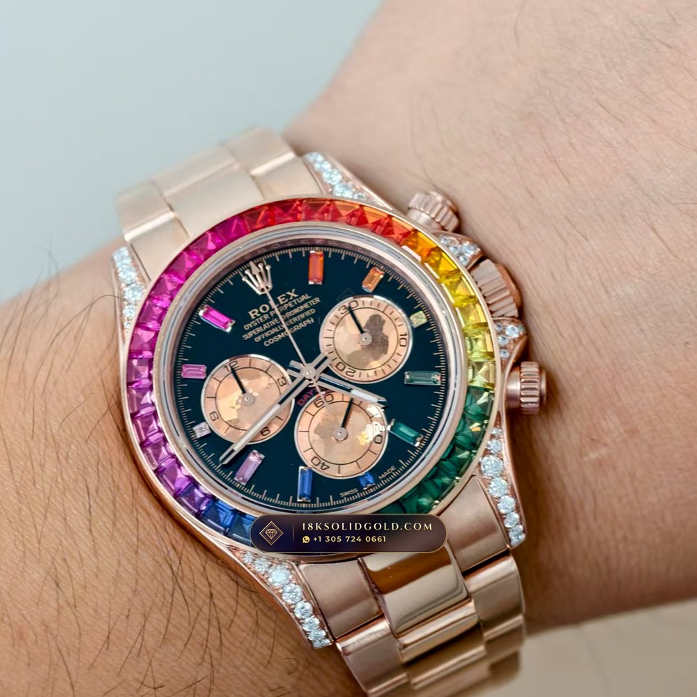 Rolex Cosmograph Daytona Rainbow Sapphire Bezel 18K Everose Gold Custom SW Dial Reference 116595RBOW — Hallmarked Edition — Studio Gallery Plate VII in 18K Rose Gold Au750 (216.5g Verified Mass, Rolex Manufacture Cal. 4130 - 72h Power Reserve)