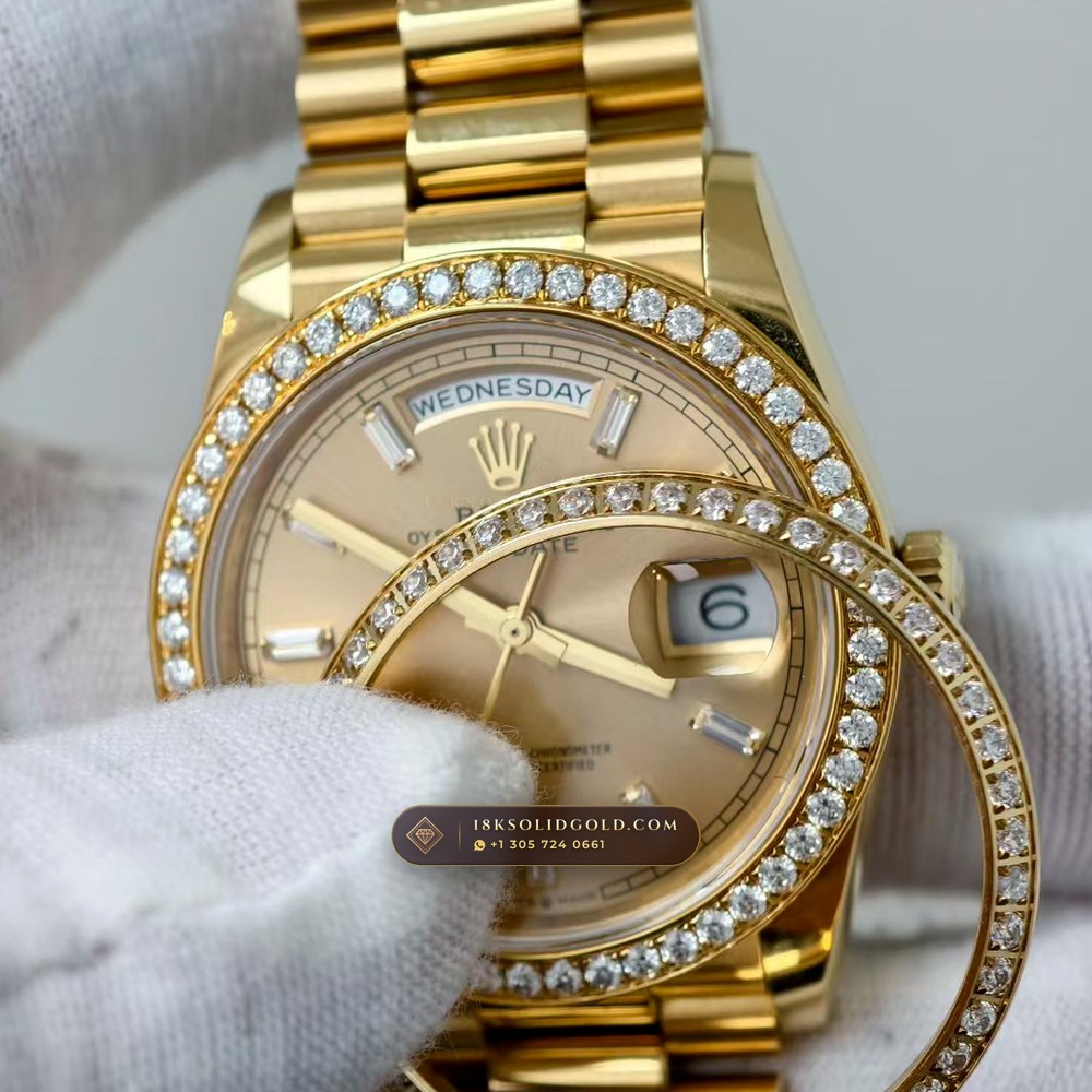 Rolex Day-Date 36 Diamond-Set Bezel 18K Yellow Gold Reference 128238 — Hallmarked Edition angle 2