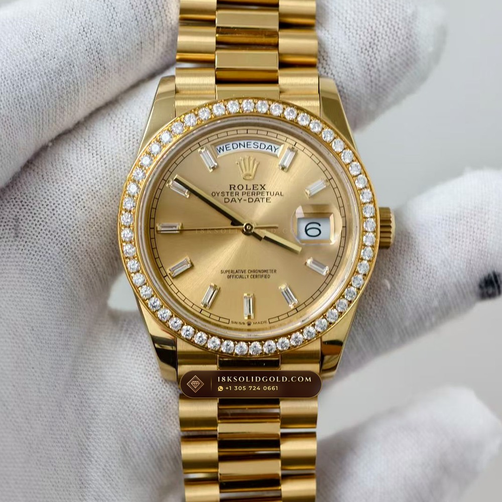 Rolex Day-Date 36 Diamond-Set Bezel 18K Yellow Gold Reference 128238 — Hallmarked Edition angle 3