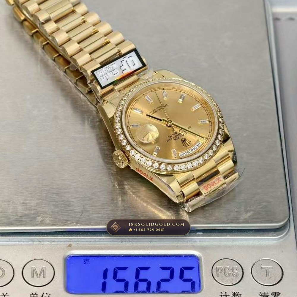 Rolex Day-Date 36 Diamond-Set Bezel 18K Yellow Gold Reference 128238 — Hallmarked Edition — Studio Gallery Plate VIII in 18K Yellow Gold Au750 (183.7g Verified Mass, Rolex Manufacture Cal. 3255 - 70h Power Reserve)
