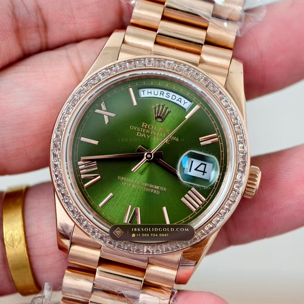 Rolex Day-Date 36 Baguette Diamond Bezel 18K Everose Gold Reference 128345RBR — Hallmarked Edition angle 2