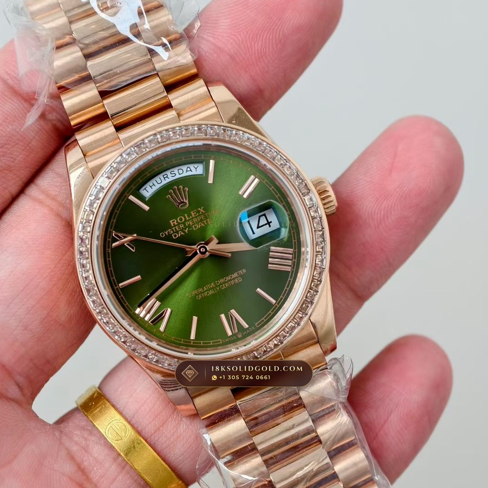 Rolex Day-Date 36 Baguette Diamond Bezel 18K Everose Gold Reference 128345RBR — Hallmarked Edition angle 3