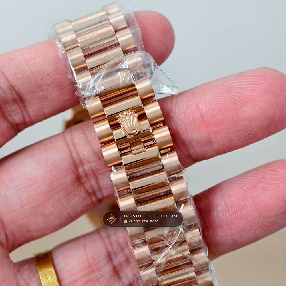 Rolex Day-Date 36 Baguette Diamond Bezel 18K Everose Gold Reference 128345RBR — Hallmarked Edition — Studio Gallery Plate VII in 18K Rose Gold Au750 (183.4g Verified Mass, Rolex Manufacture Cal. 3255 - 70h Power Reserve)